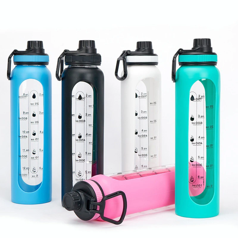 glass water bottle wood lid with silicone sleeve with measurements